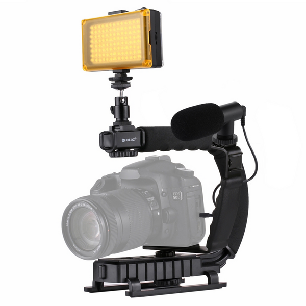 PULUZ U/C Shape Handheld DV Bracket Stabilizer + LED light + Shotgun Mic