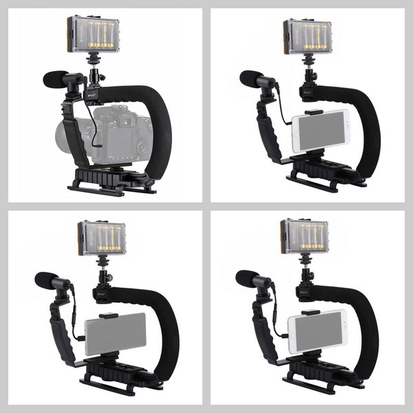 PULUZ U/C Shape Handheld DV Bracket Stabilizer + LED light + Shotgun Mic