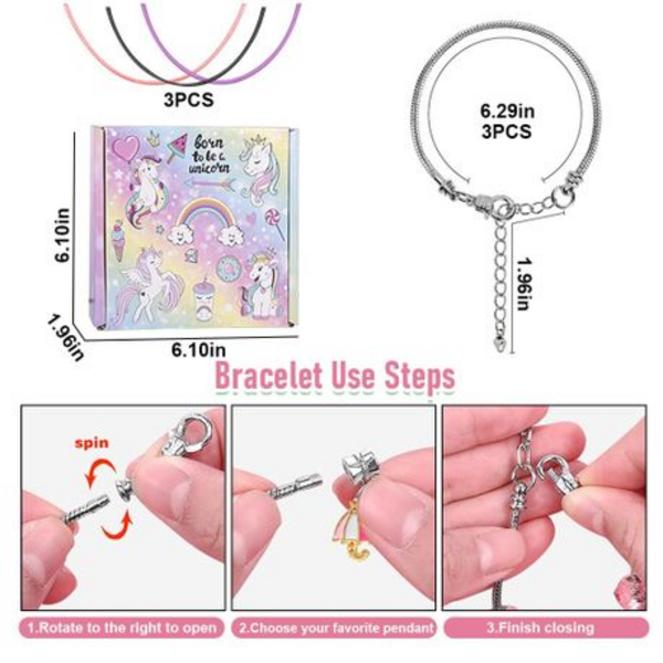 67pc Charm Bracelet Making Kit with Unicorn Bag in Gift Box