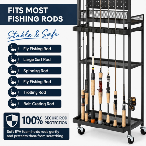 Fishing Rod Storage Cart - 12 Rod Slots 3 Tier - 6 Hooks and Wheels - Image 3
