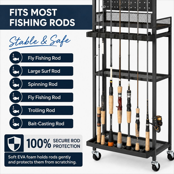 Fishing Rod Storage Cart - 12 Rod Slots 3 Tier - 6 Hooks and Wheels