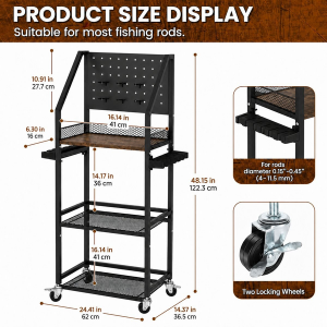 Fishing Rod Storage Cart - 12 Rod Slots 3 Tier - 6 Hooks and Wheels - Image 5