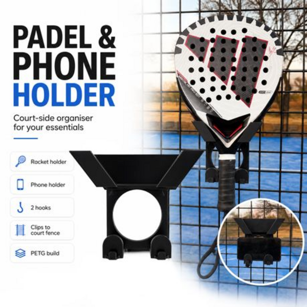 Padel Racket & Phone Holder With 2 Hooks - Court Fence Clip