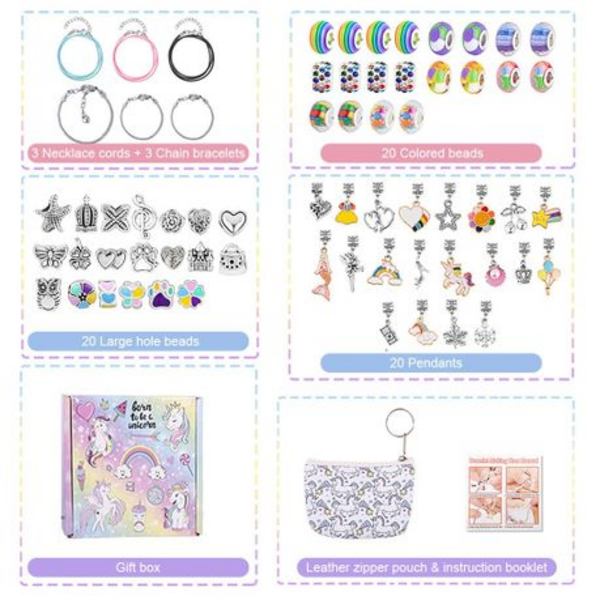67pc Charm Bracelet Making Kit with Unicorn Bag in Gift Box