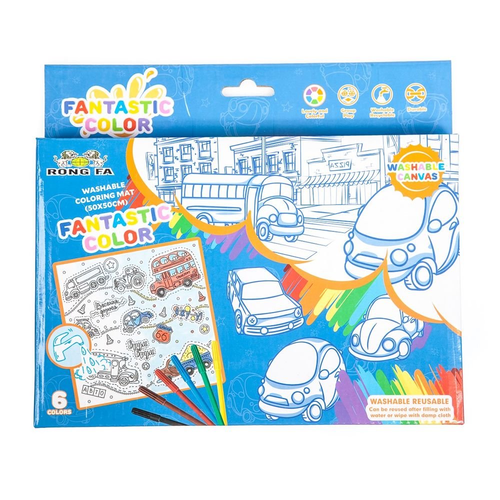 Washable Canvas Colouring Set with 6 Markers(50cmx50cm) - Transportation