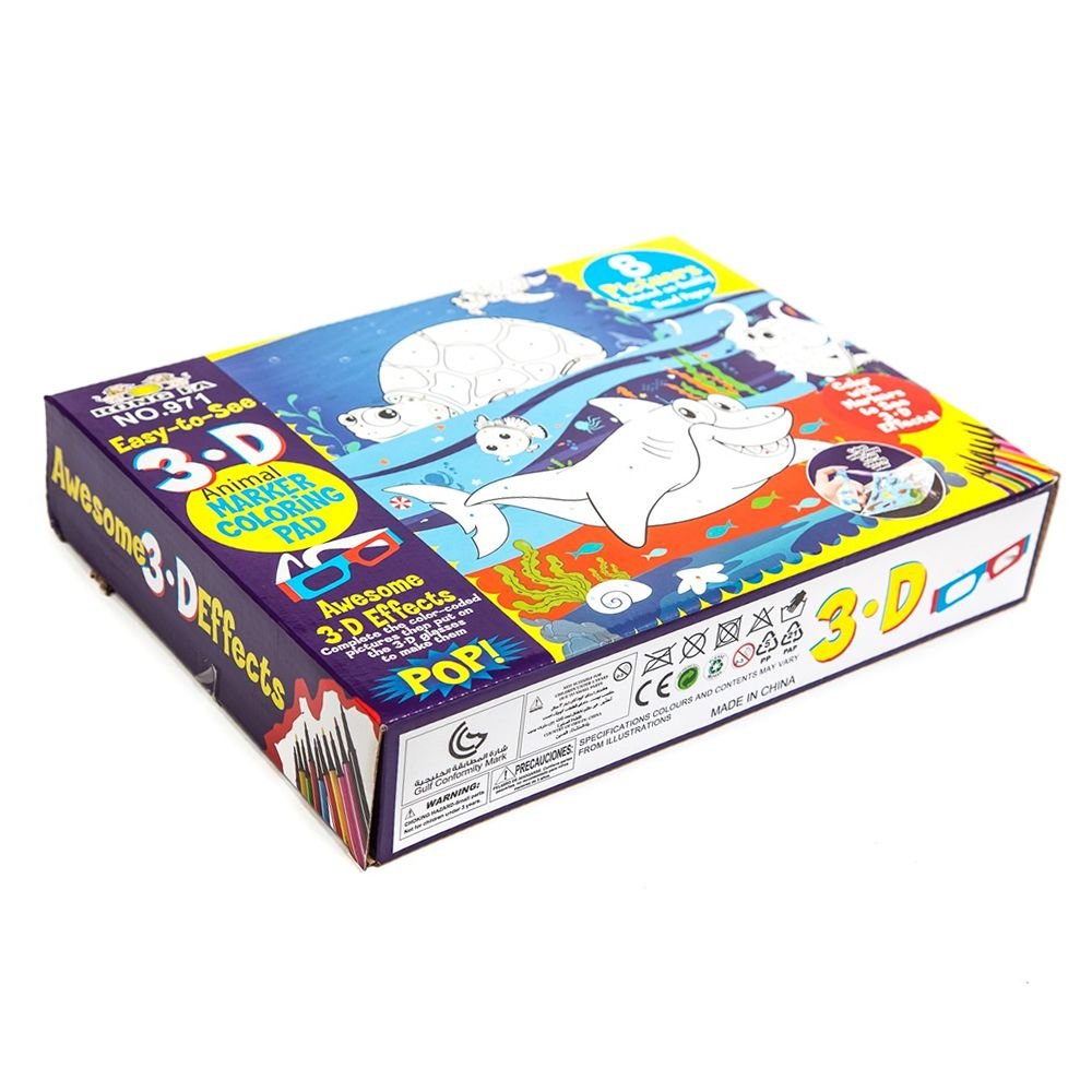 3D Colouring Set with 12 Markers, 3D Glasses & Spray Bottle (Sea Creatures)