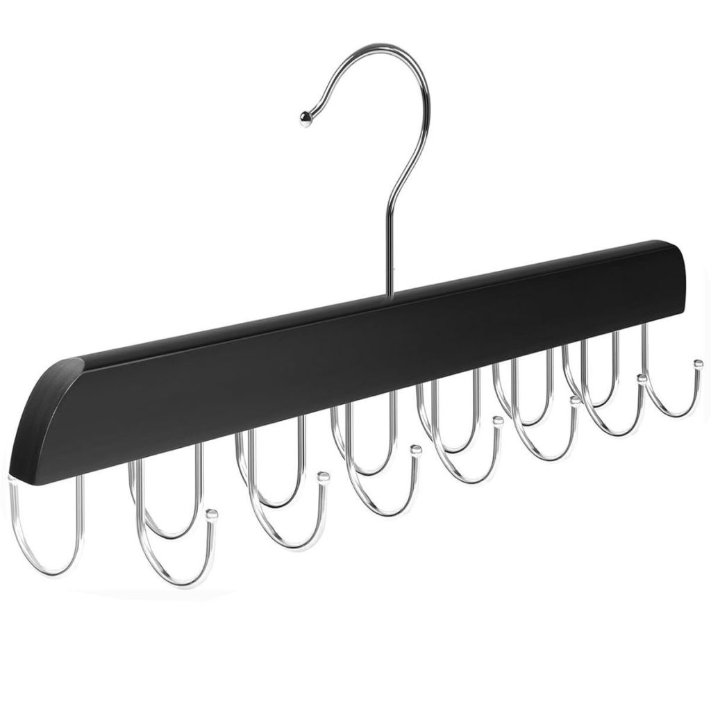 Wooden Belt Hanger Organiser - 14 Hooks Holds Up To 42 Belts - Black
