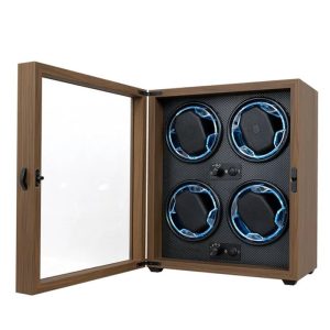 USB Powered Four Watch Winder with Glass Door-LED Backlit (Walnut Finish) - Image 1