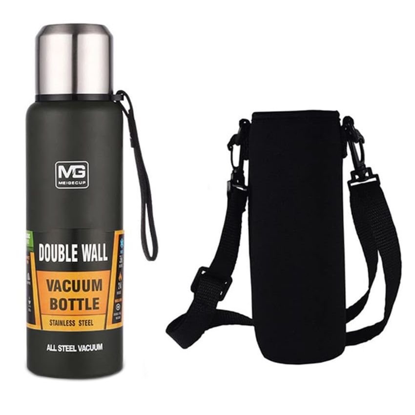 MG 1L Double-Wall Stainless Steel Vacuum Flask + Neoprene Sleeve - Black
