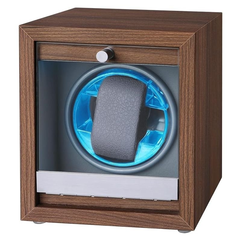 USB Powered Single Watch Winder with Glass Door-LED Backlit (Walnut Finish)