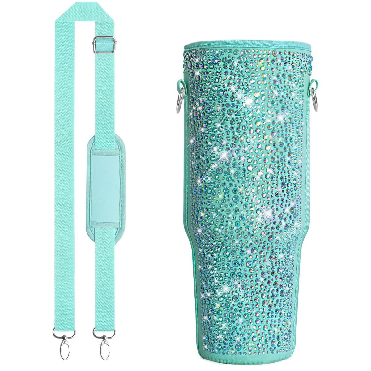 Neoprene & Rhinestone Cover with Shoulder Strap for 40oz Stanley Cup - Image 1