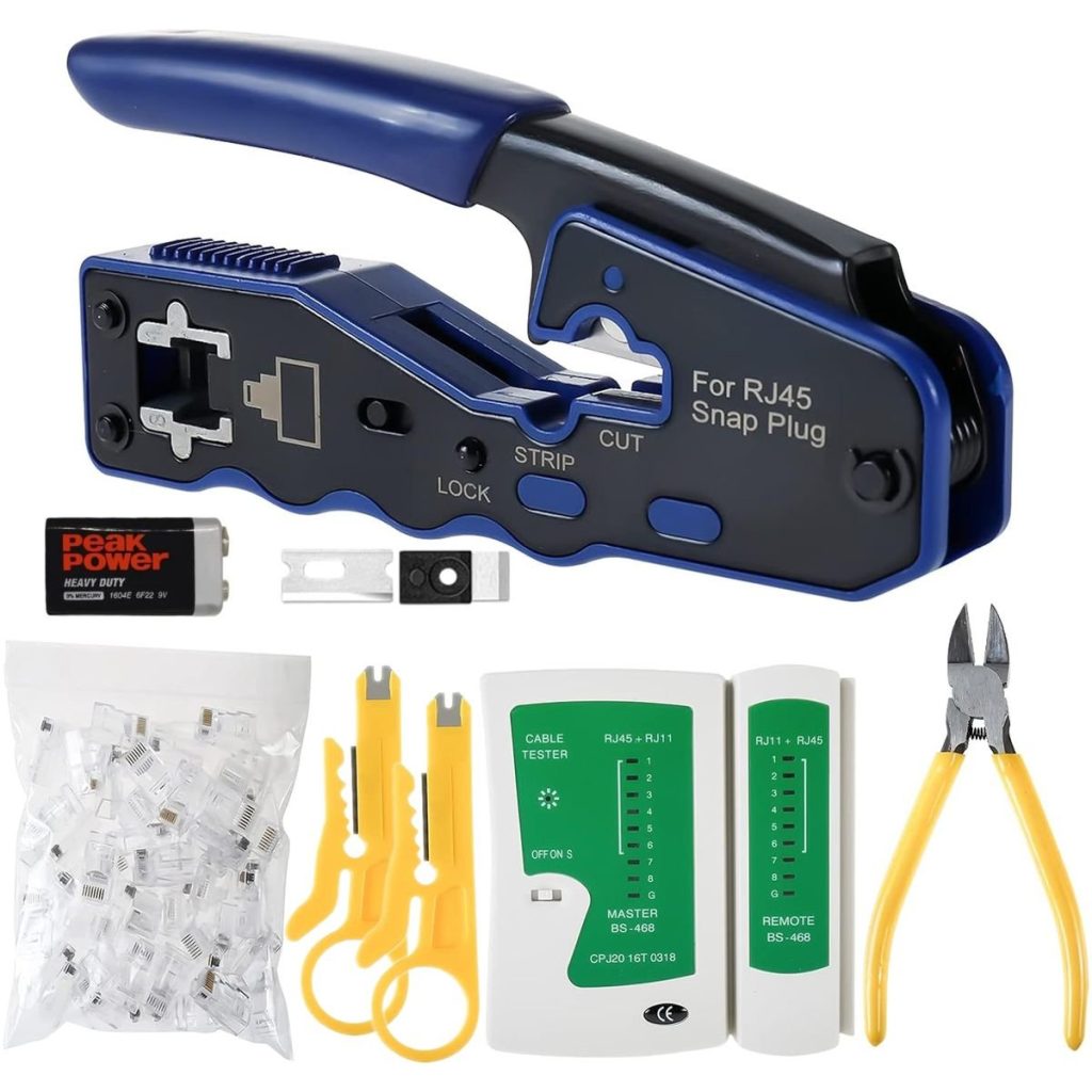 RJ45 Network Crimping Tool Set with Pass-through Crimper & Connectors