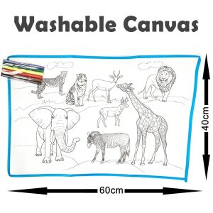 Washable Canvas Colouring Set with 6 Markers(60cmx40cm) - Wild Animals - Image 2