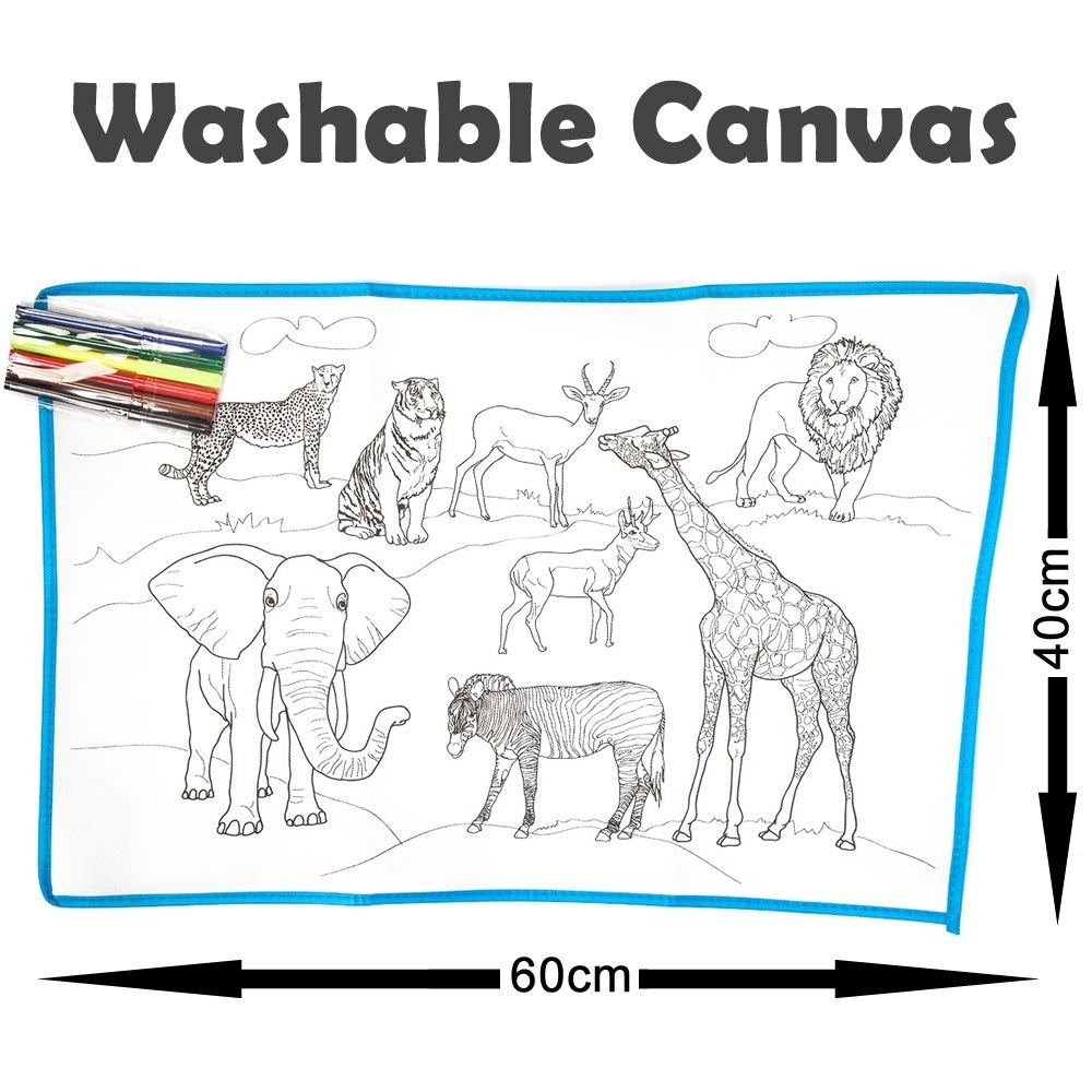 Washable Canvas Colouring Set with 6 Markers(60cmx40cm) - Wild Animals