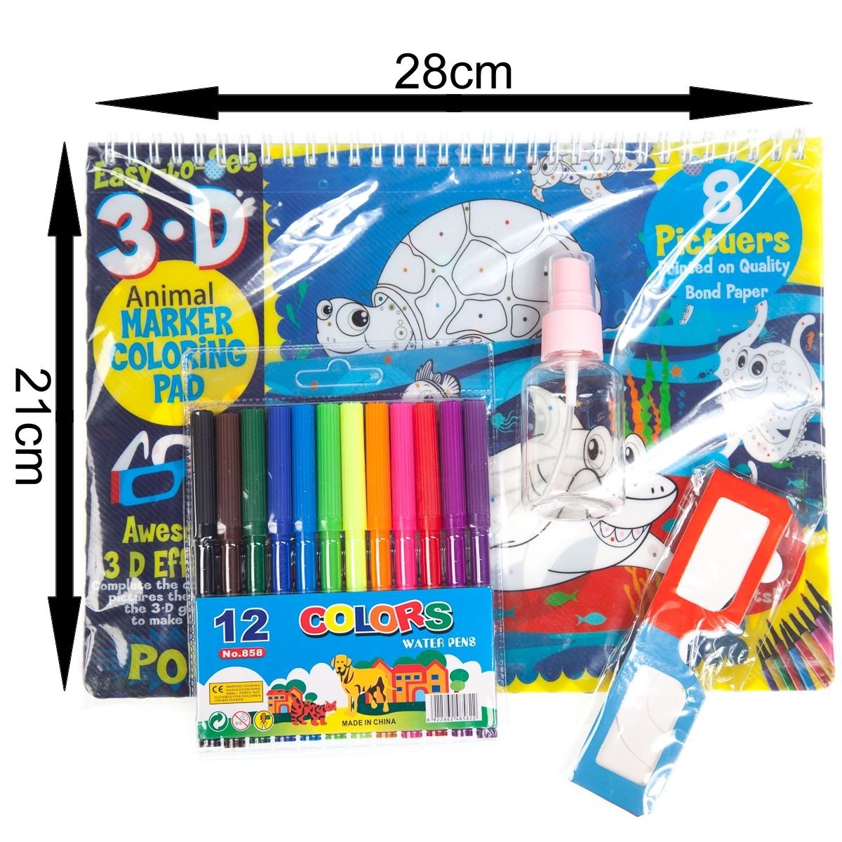 3D Colouring Set with 12 Markers, 3D Glasses & Spray Bottle (Sea Creatures) - Image 2