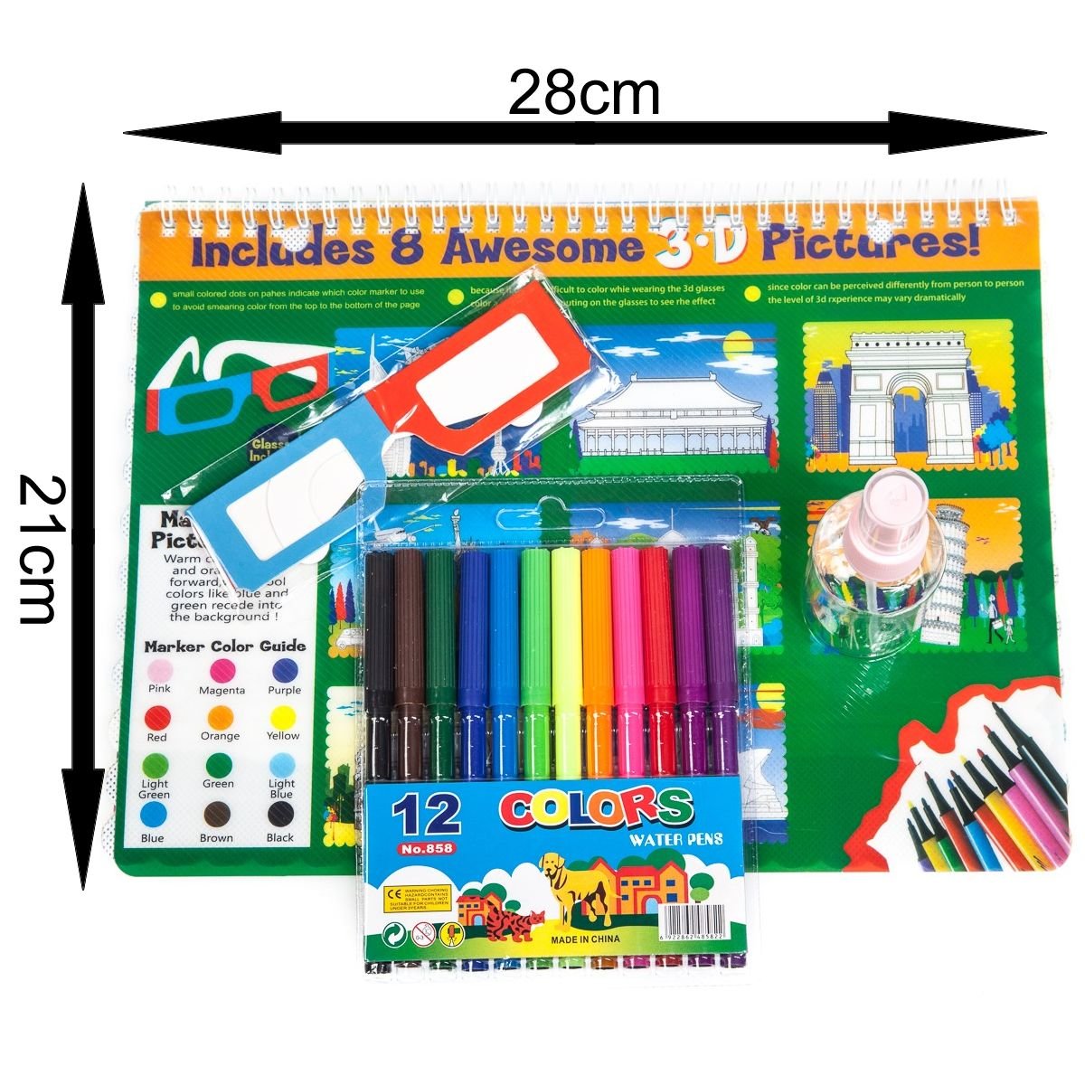 3D Colouring Set with 12 Markers, 3D Glasses & Spray Bottle (Landmarks) - Image 2