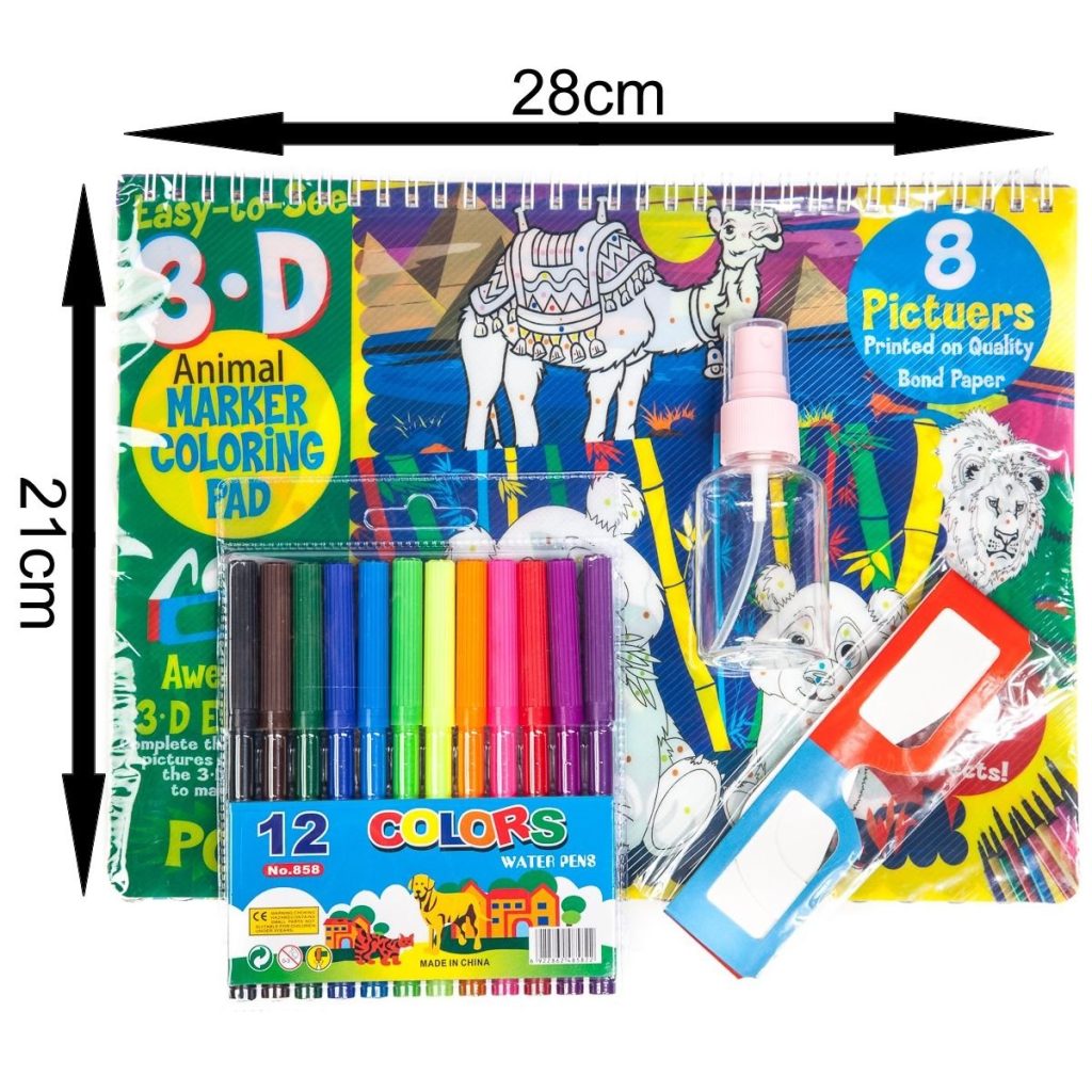 3D Colouring Set with 12 Markers, 3D Glasses & Spray Bottle (Animals)