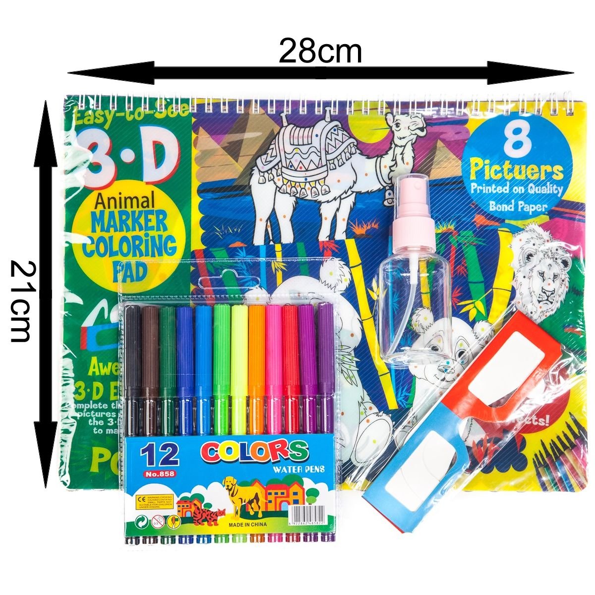 3D Colouring Set with 12 Markers, 3D Glasses & Spray Bottle (Animals) - Image 2