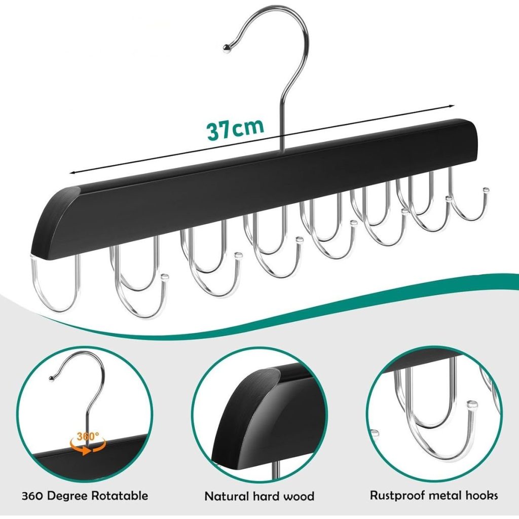 Wooden Belt Hanger Organiser - 14 Hooks Holds Up To 42 Belts - Black