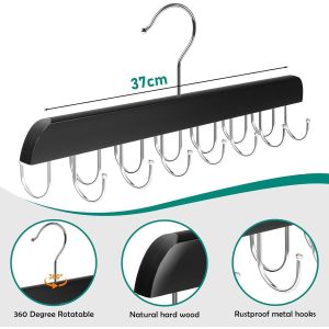Wooden Belt Hanger Organiser - 14 Hooks Holds Up To 42 Belts - Black - Image 2