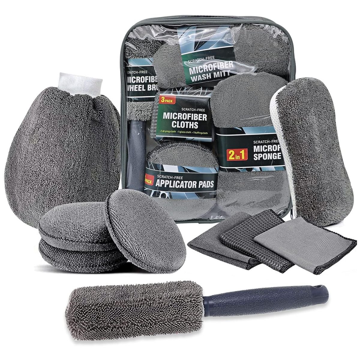 9-Piece Microfiber Car Cleaning Kit - Wash Mitt, Sponge, Brush & Cloths - Image 2