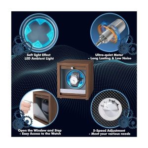 USB Powered Single Watch Winder with Glass Door-LED Backlit (Walnut Finish) - Image 2