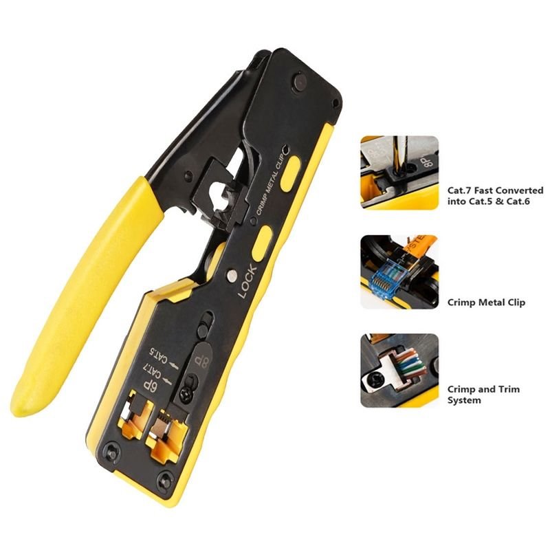RJ45 Crimping Tool For Pass-Through Connectors With Wire Stripper