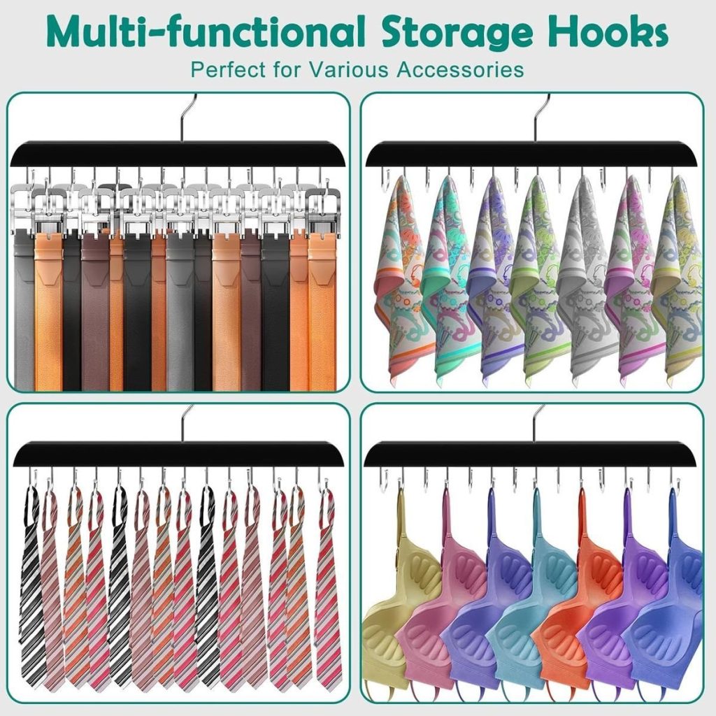 Wooden Belt Hanger Organiser - 14 Hooks Holds Up To 42 Belts - Black