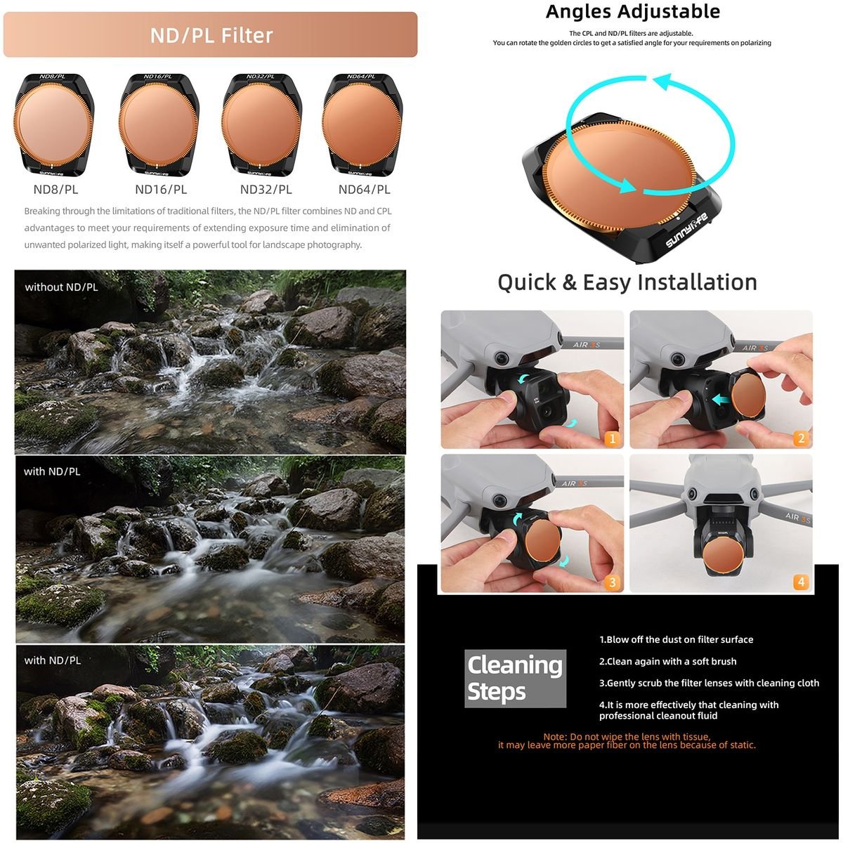 4pc SunnyLife ND Filter Set compatible with DJI Mavic Air 3S - Image 3
