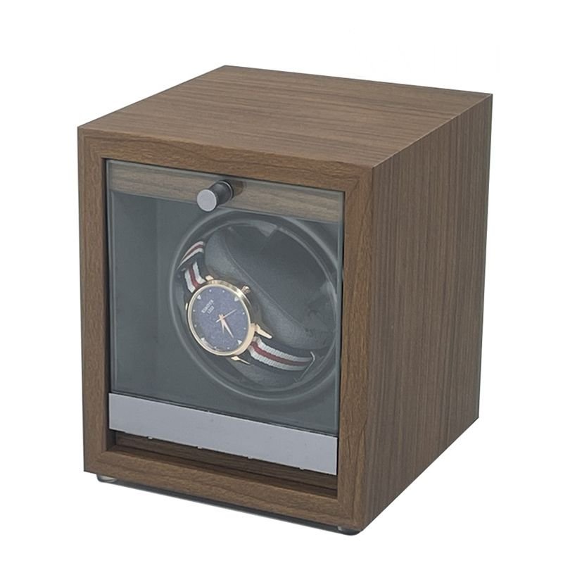 USB Powered Single Watch Winder with Glass Door-LED Backlit (Walnut Finish)
