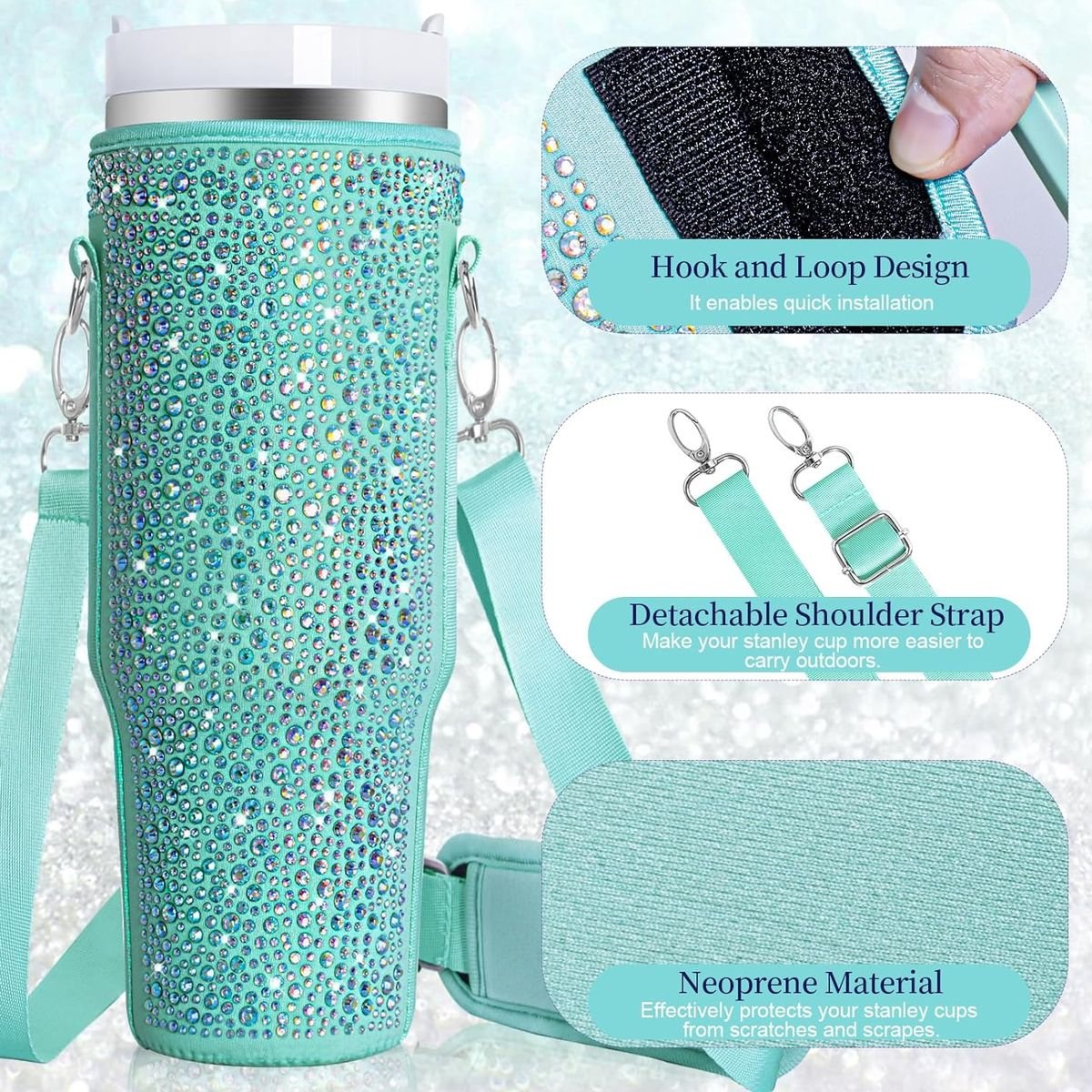 Neoprene & Rhinestone Cover with Shoulder Strap for 40oz Stanley Cup - Image 3