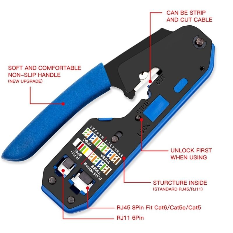 RJ45 RJ12 RJ11 Modular Crimper Standard-Crimp With Extra Wire Stripper
