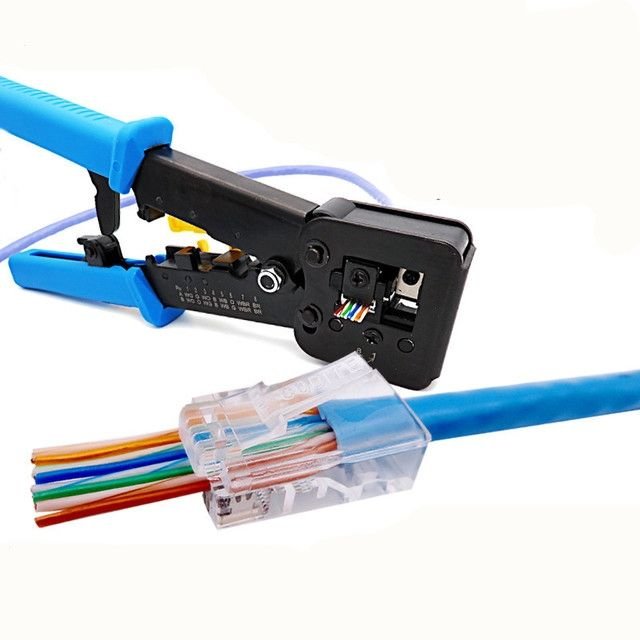 RJ45 Crimping Tool For Pass-Through Connectors With Extra Wire Stripper