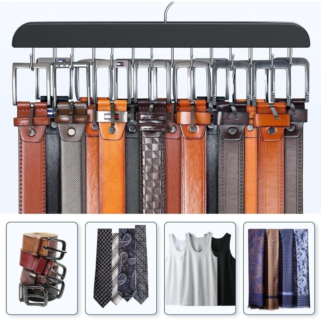 Wooden Belt Hanger Organiser - 14 Hooks Holds Up To 42 Belts - Black