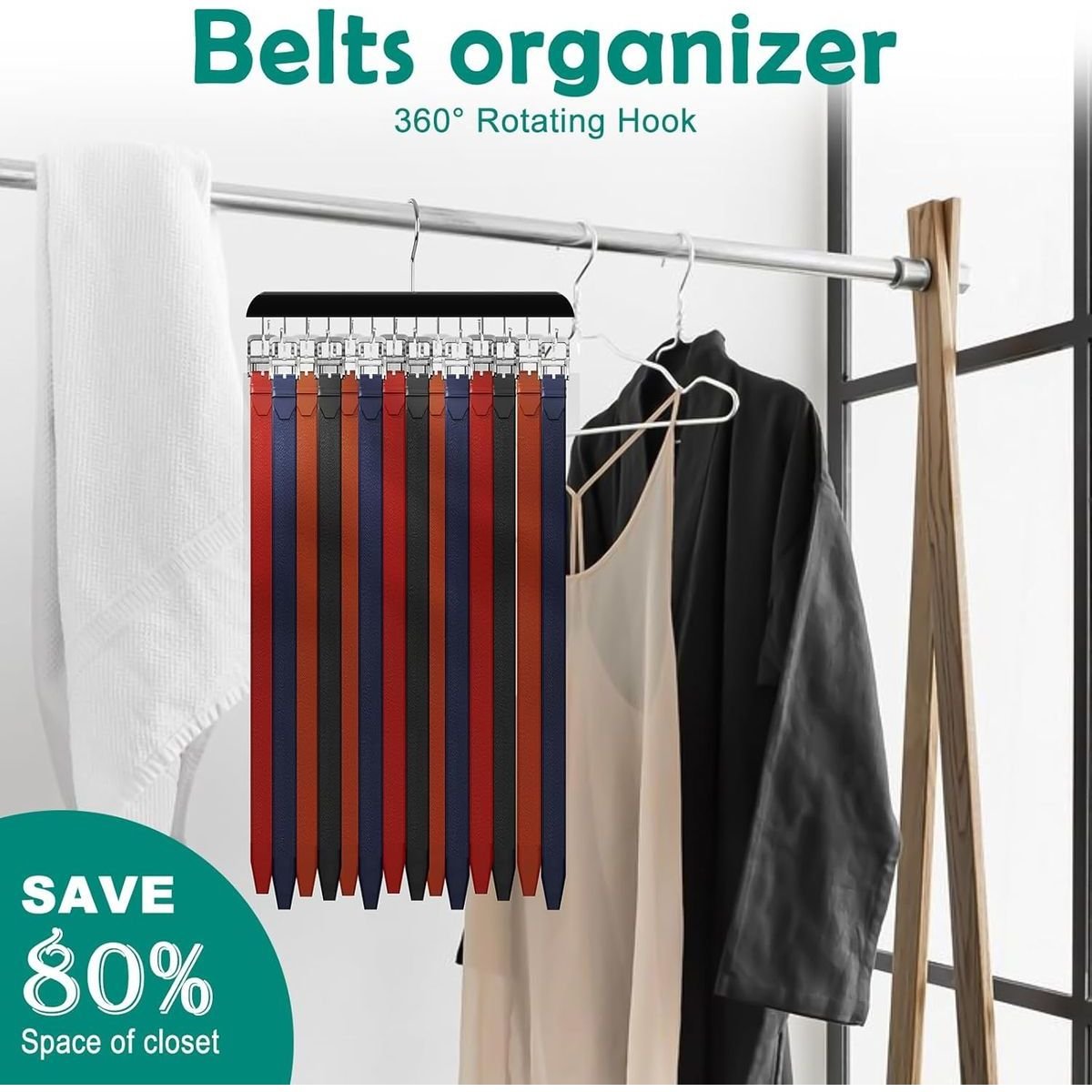 Wooden Belt Hanger Organiser - 14 Hooks Holds Up To 42 Belts - Black - Image 5