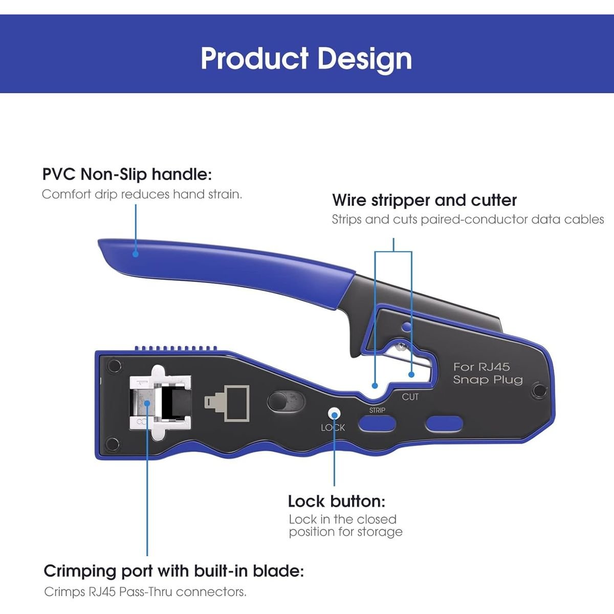 Rj45 EZ Pass Through Crimper Tool with Wire Stripper - Image 5