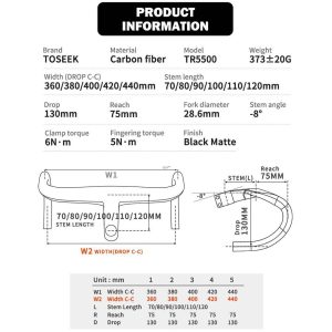 TOSEEK TR5500 Carbon FULLY Integrated Road Bar - 440mm Wide - 90mm Stem - Image 6
