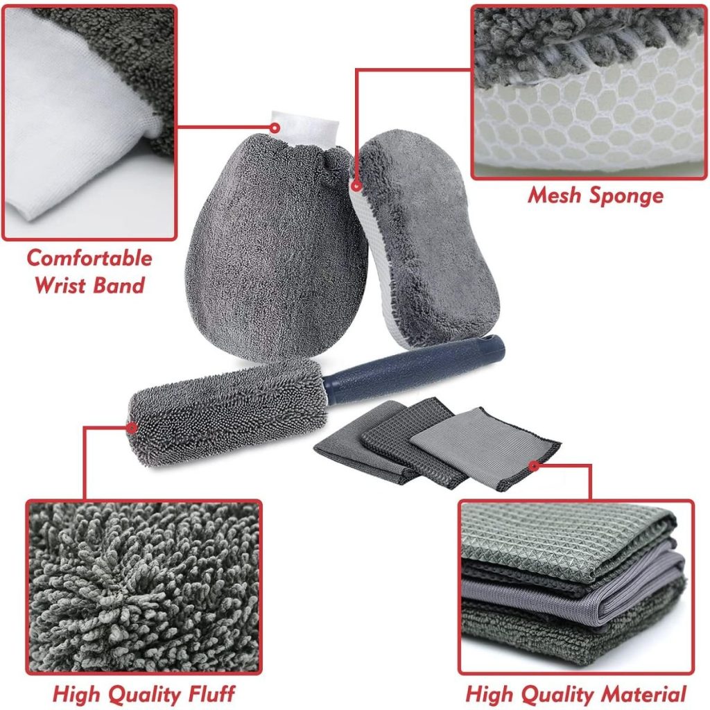 9-Piece Microfiber Car Cleaning Kit - Wash Mitt, Sponge, Brush & Cloths