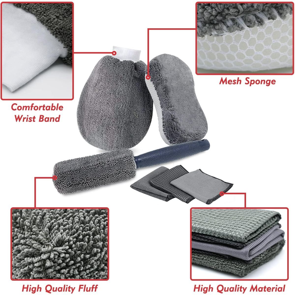 9-Piece Microfiber Car Cleaning Kit - Wash Mitt, Sponge, Brush & Cloths - Image 7