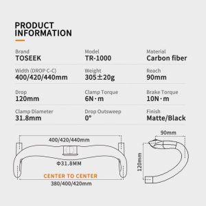 TOSEEK TR1000 Aero Carbon Road Bar - 400mm Wide - Image 7