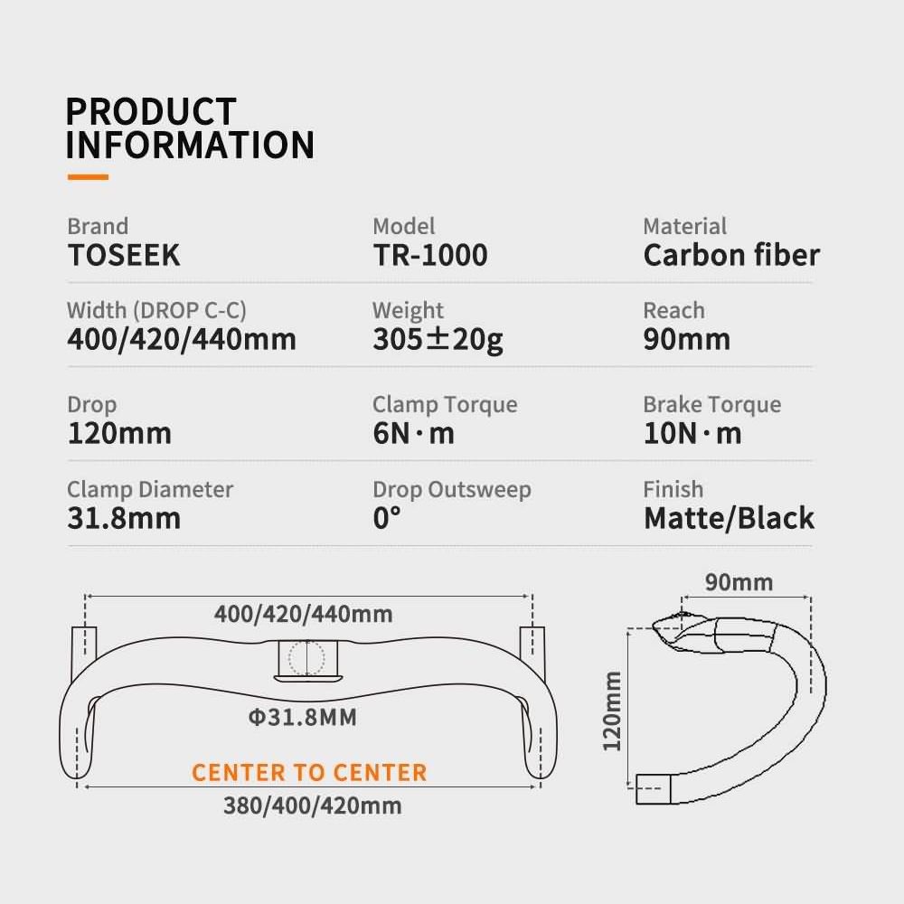 TOSEEK TR1000 Aero Carbon Road Bar - 400mm Wide