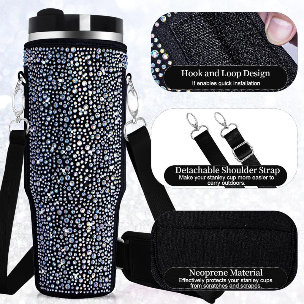 Neoprene & Rhinestone Cover with Shoulder Strap for 40oz Stanley Cup