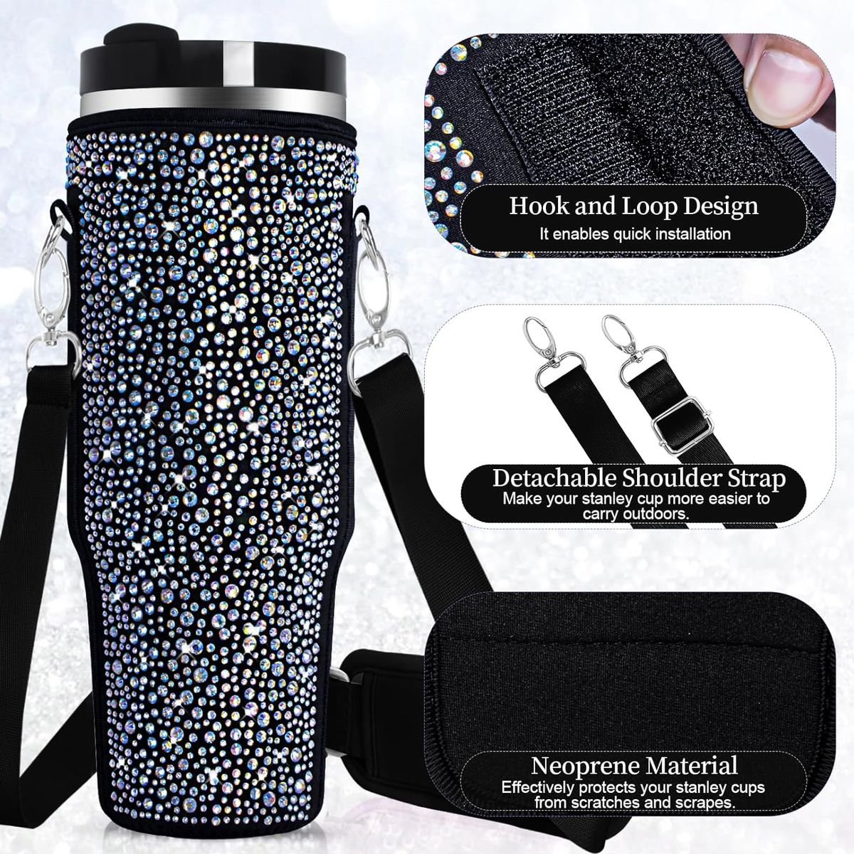 Neoprene & Rhinestone Cover with Shoulder Strap for 40oz Stanley Cup - Image 8