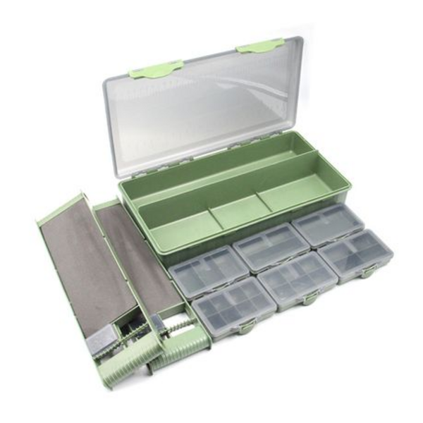 9 Piece Carp Fishing Tackle Box with 2 Rig Holders & 28 Pins