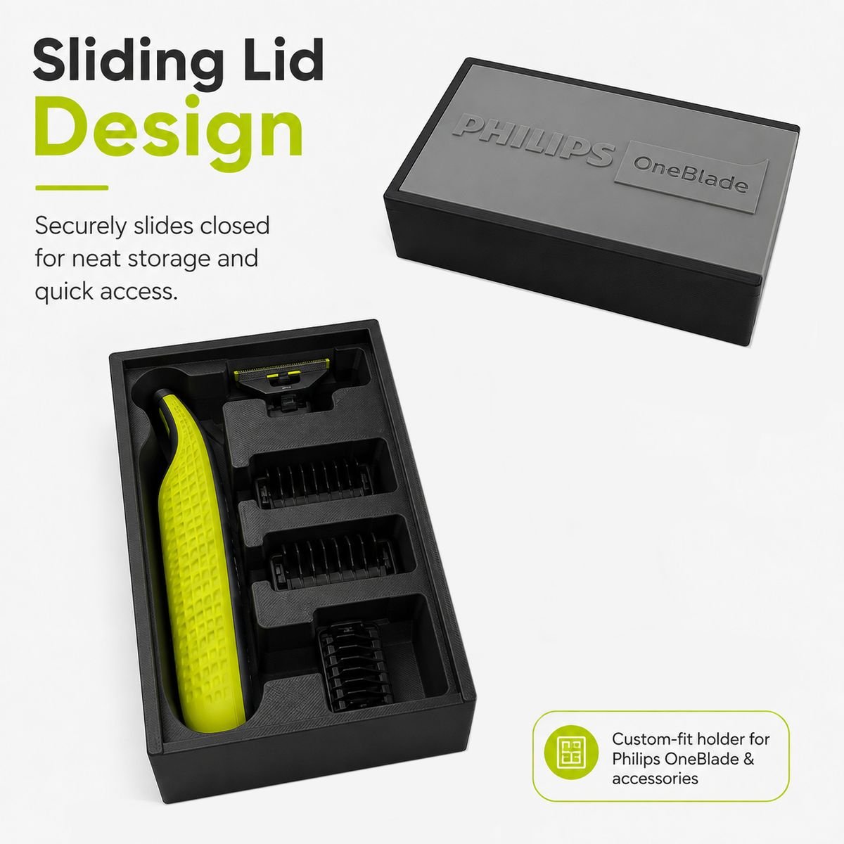 PLA Storage Holder Compatible With Philips OneBlade - Sliding Lid - Image 2