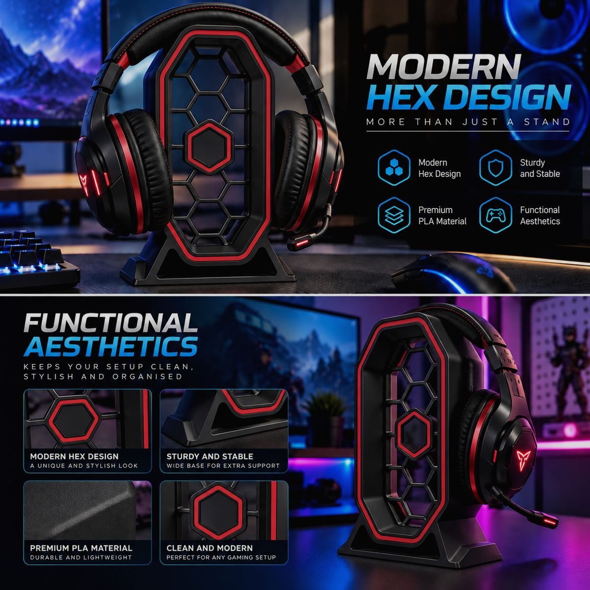 Gaming Headphone Stand with Modern Hex Design - Image 4