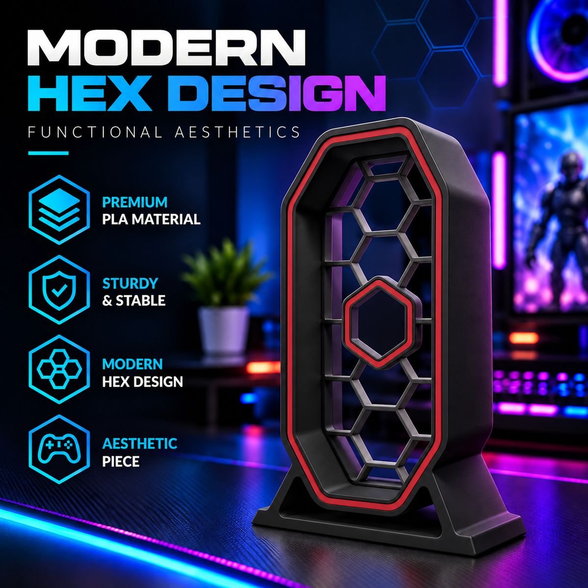 Gaming Headphone Stand with Modern Hex Design - Image 5